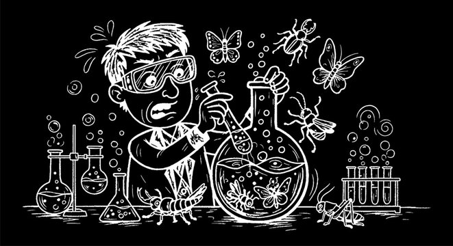 Cartoon scientist experimenting with plants and insects in lab.