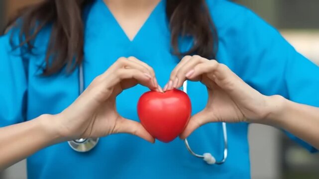 Nurse holding a red heart symbol.