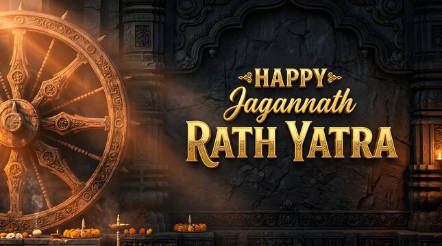 Happy jagannath rath yatra banner with temple wall and wheel