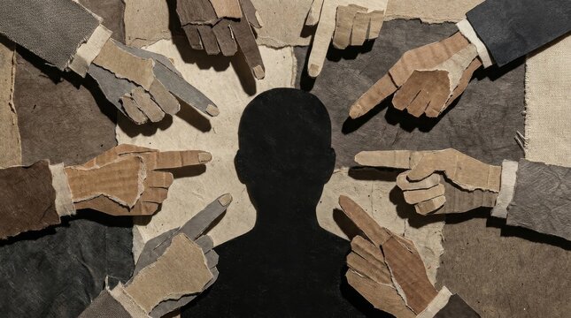 Multiple hands pointing fingers at a central black silhouette representing blame and judgment.