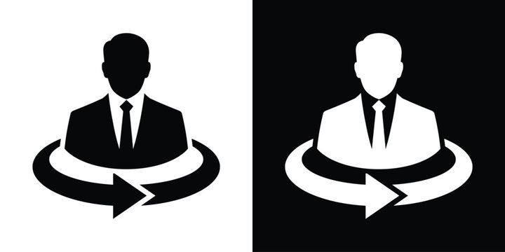 Businessman icon surrounded by a circular arrow. Represents continuous rotation, employee retention, workflow, or update cycle. Vector graphic.