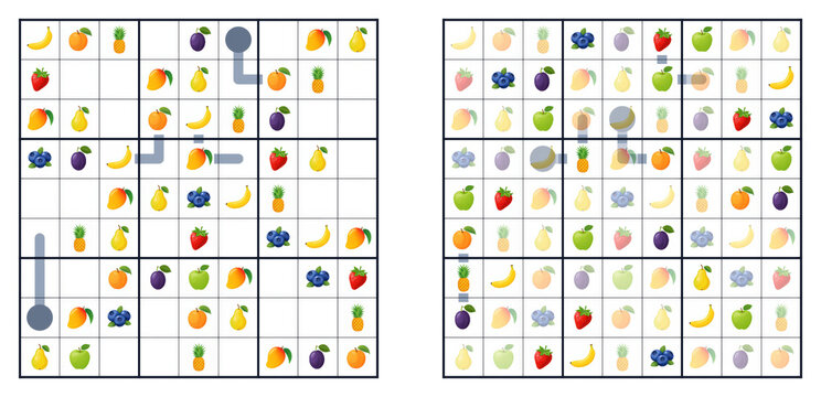 Thermometer sudoku math logic puzzle game with fruits and berries answer. Educational worksheet for decoding thermo grid with cute food icons strawberry, apple, banana for school and printables.