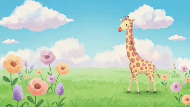 Cute giraffe standing in green meadow with colorful flower. Cartoon animal in sunny field under blue sky with cloud. Digital illustration for kids book story.