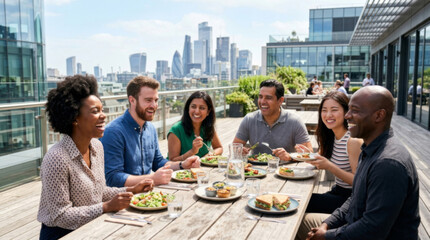 Naklejka premium A diverse group of friends enjoying a sunny outdoor lunch on a rooftop, surrounded by a stunning city skyline.