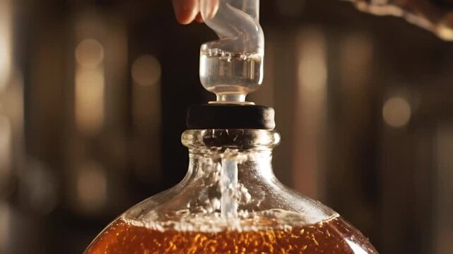Close up of hand pouring amber liquid into a glass carboy with airlock.