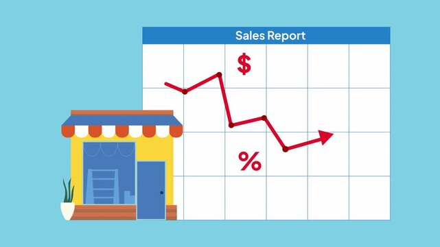 Animation of small business sales report showing a decreasing red arrow graph, decreasing purchasing power due to inflation, economic concept