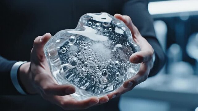 Close up of hands holding a large, clear ice chunk with internal fractures.