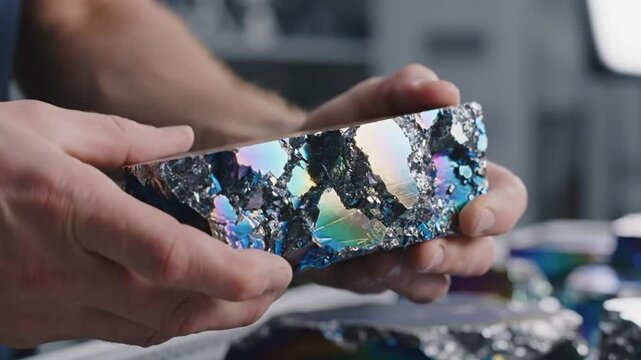 Close up of hands holding a large iridescent mineral specimen.