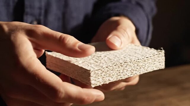 Close up of hands holding a stack of textured paper cards.