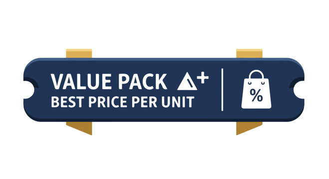 Close-up of a blue value pack label with discount percentage and best price per unit text for retail shopping