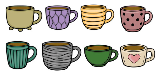 Fototapeta premium Set of eight diverse illustrated coffee mugs with various patterns and colors, vector