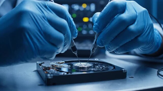 Close up of technician hands in blue gloves repairing computer hard drive with tools.