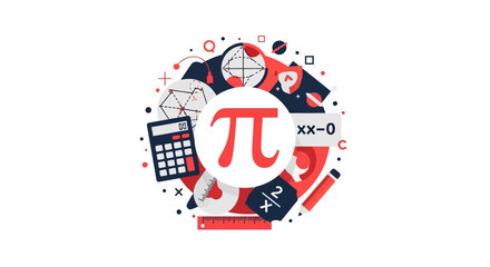 Fototapeta premium Mathematical Concept Illustration with Pi Symbol, Calculator, and Geometry Tools in Flat Vector Style for STEM Education