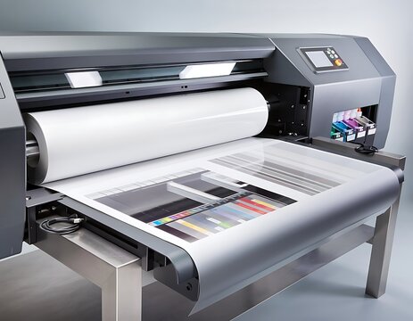 Industrial large format digital printer printing a roll of vinyl media.