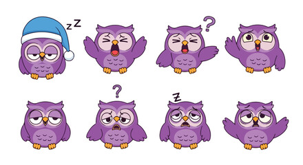 Fototapeta premium Collection of cute purple cartoon owls with different facial expressions and emotions on a white background