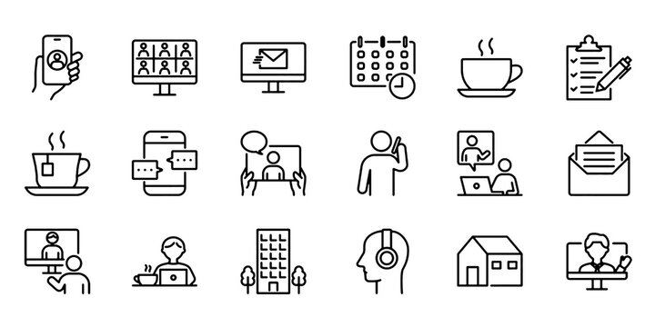Remote Work and Work From Home Line Icon Set, Telecommuting and Digital Office Concepts, Editable Vector Illustration Isolated on White Background