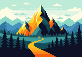 Minimalist Geometric Mountain Landscape Illustration with Winding Path, Pine Tree Forest, and Faceted Peaks in Flat Design Style © Galang