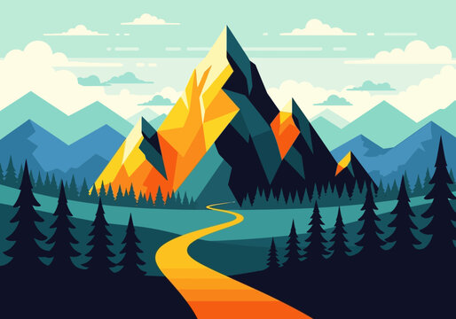 Minimalist Geometric Mountain Landscape Illustration with Winding Path, Pine Tree Forest, and Faceted Peaks in Flat Design Style