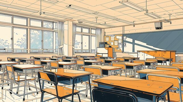 Nostalgic Classroom Vibes, vibrant retro classroom setting, warm sunlight streaming through windows, wooden desks, bold black outlines, simple colors, evoking childhood memories and 90s anime style