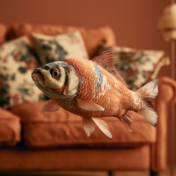 Surrealer &uuml;berdimensionaler Fisch auf einem gem&uuml;tlichen Wohnzimmersofa - humorvolles Konzeptbild