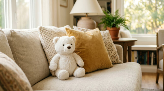 A cozy living room featuring a soft teddy bear on a plush sofa surrounded by decorative pillows, creating a warm atmosphere.