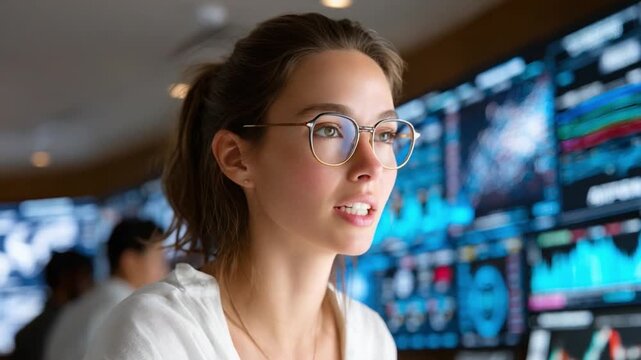 Focused Analyst in Control Room: A young female analyst wearing glasses looks intently at multiple glowing screens displaying complex data and charts within a high-tech control room environment.