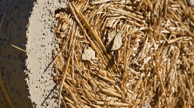 Close-up of a compressed straw bale with visible texture and detail.
