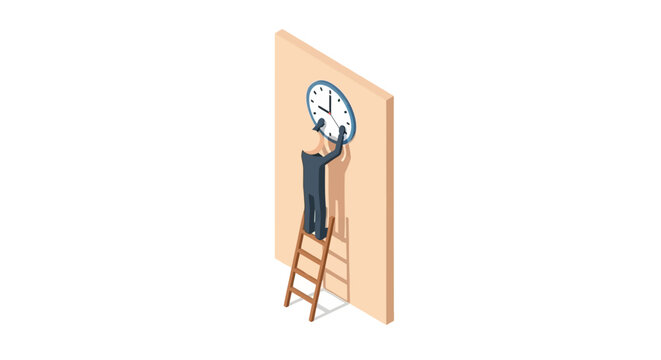 Person climbing ladder to adjust wall clock above.