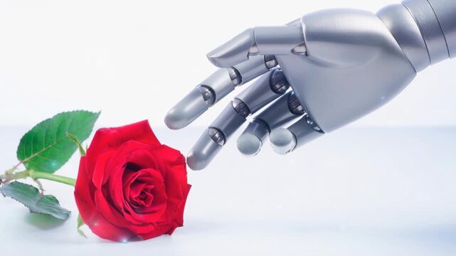 Sleek robotic hand gently touching vibrant red rose symbolizing technology and nature harmony