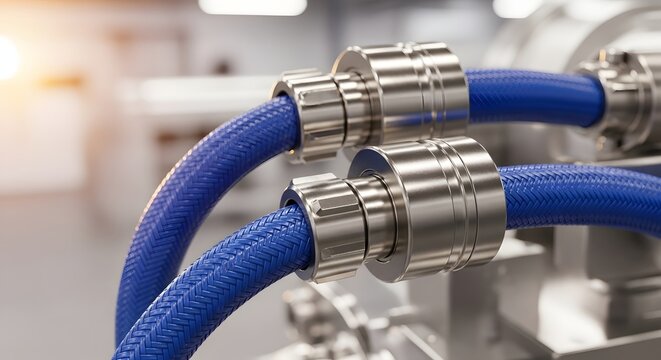 Close up of heavy duty blue hoses with silver metal connectors. Industrial fluid transmission and hydraulic power system needs. Equipment installed inside a clean machinery manufacturing factory.