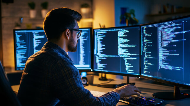 Young adult Caucasian man with glasses coding on triple computer monitors in home office at night with cinematic lighting