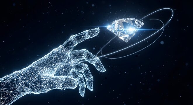 Digital wealth and advanced asset tokenization concept. Premium technology secure investment. Glowing wireframe digital hand reaching out to touch a sparkling diamond
