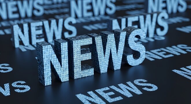 Global information stream and digital media broadcast concept. Cybersecurity online data publication. Big block text letters spelling word news with running binary code skin