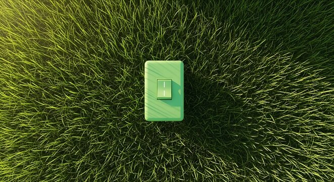 Environmental sustainability and green power energy optimization. Smart home eco technology control. Minimalist wall switch toggle button installed directly on fresh grass