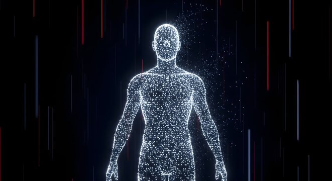 Digital human silhouette made of glowing particles. Artificial intelligence and cyberspace virtual avatar. Man standing amidst abstract falling lines of data code stream.