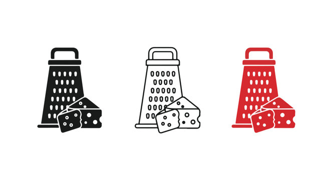 Colorful cheese graters with cheese blocks in black, white, and red for kitchen tools and cooking accessories