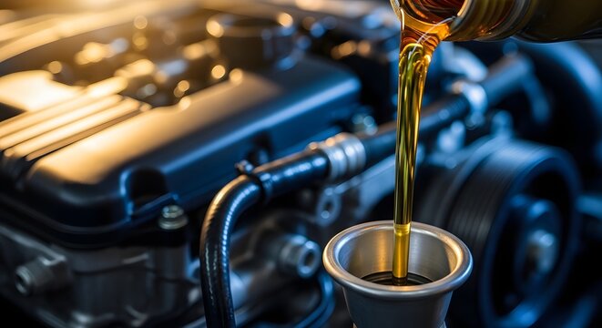 Golden lubricant pouring into car engine funnel. Automotive maintenance and mechanical performance. Fresh motor oil flowing from bottle container into clean metallic machinery.