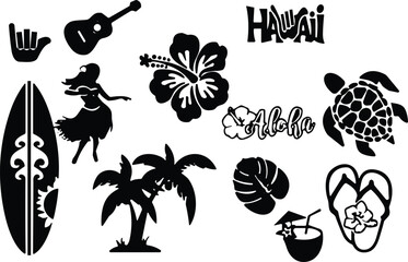 Hawaii tropical silhouettes with aloha shaka surf ukulele designs, island lifestyle vector art, cultural illustration, black graphic vacation artwork elements © MDMAHOMUDUL