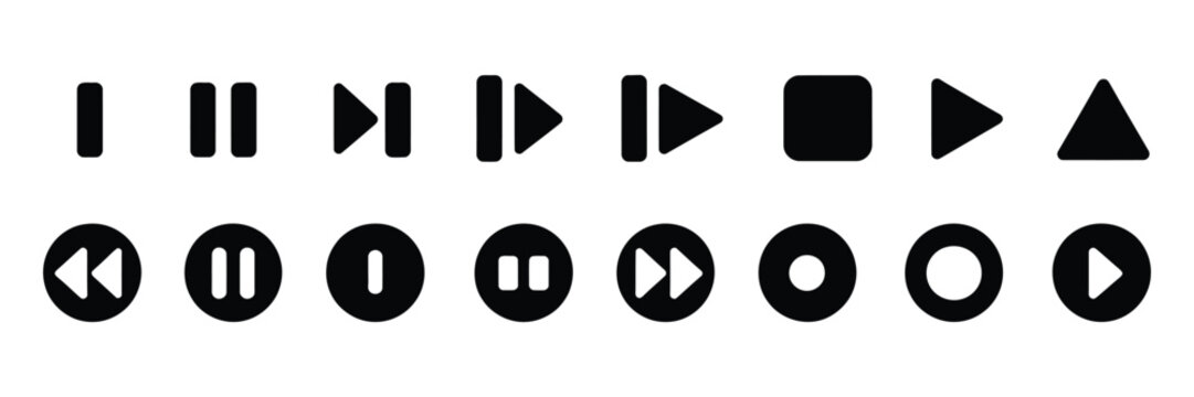 Video play button icons featuring media start action symbols for audio playback, streaming applications, and website interface controls. Vector illustration.