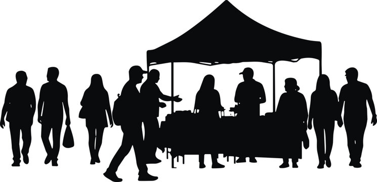 Market canopy tent silhouettes with people crowd designs, outdoor fair vector art, community lifestyle illustration, black graphic event artwork elements