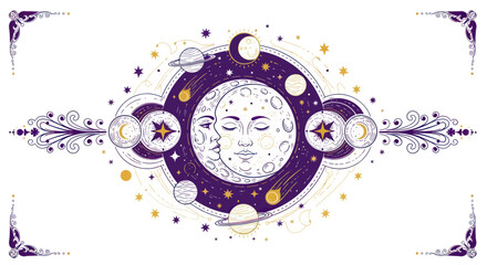 Mystical Cosmic Celestial Lunar Cycle with Faces and Stars © Damung