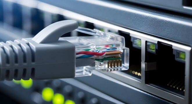 Grey ethernet cable plugged into network switch. Broadband internet connection and data center server. Plastic network plug locking securely into a hardware router
