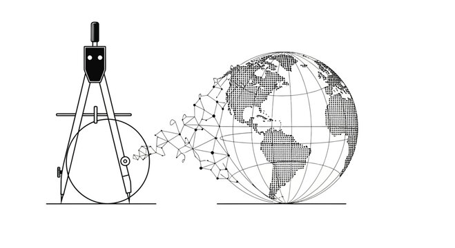 A drafting compass drawing a network connection to a globe.