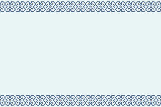 Pale blue frame bordered with repeating scroll motifs and linked geometric loops in pixel embroidery style. Wide open center provides a clean layout area for printed designs and decorative composition