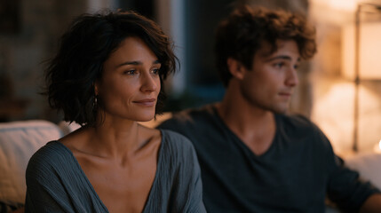 Fototapeta premium Single mother returns home from a second date to find her teenage son still awake on the couch with the lights low, the charged silence between them capturing the specific emotional complexity of a 