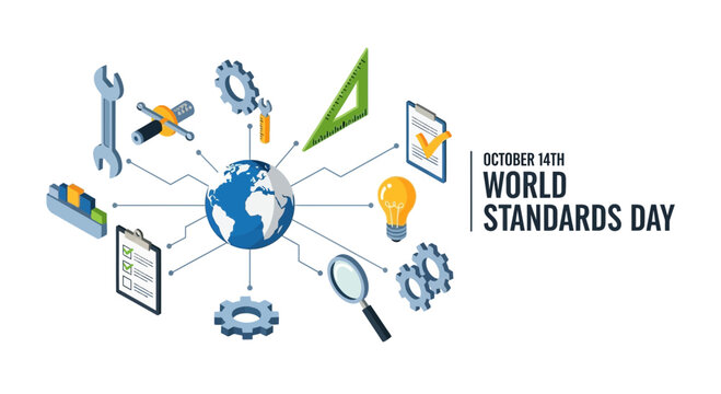 Isometric illustration representing global standards and industrial connectivity for World Standards Day.