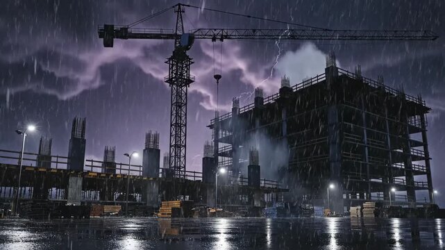 A powerful lightning strike illuminates a large construction site under a stormy night sky with heavy rain falling.
