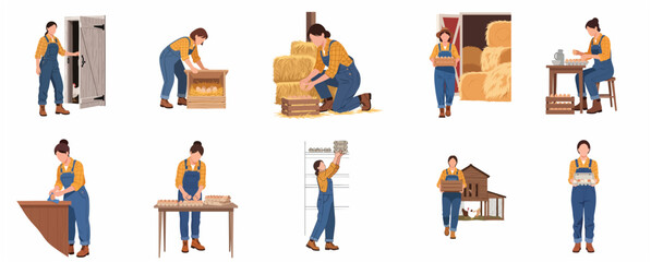 Female farmer working on poultry farm set, collecting fresh eggs from chicken coop, packing and organizing organic egg production in flat vector illustration style © Capital