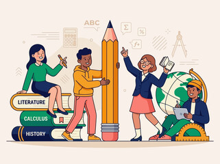 Group of Diverse Students with Giant School Supplies Vector Illustration. Creative Learning, Education, and Back to School Concept for Website, Banner, and Poster Design.