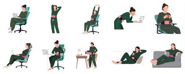 Woman using portable menstrual heating pad belt for period pain relief in daily life activities vector illustration set © Capital